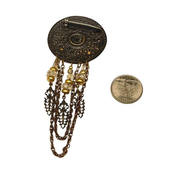 Vintage Ornate Brass Brooch With Chain & Bead Dangles - Picture 6 of 7